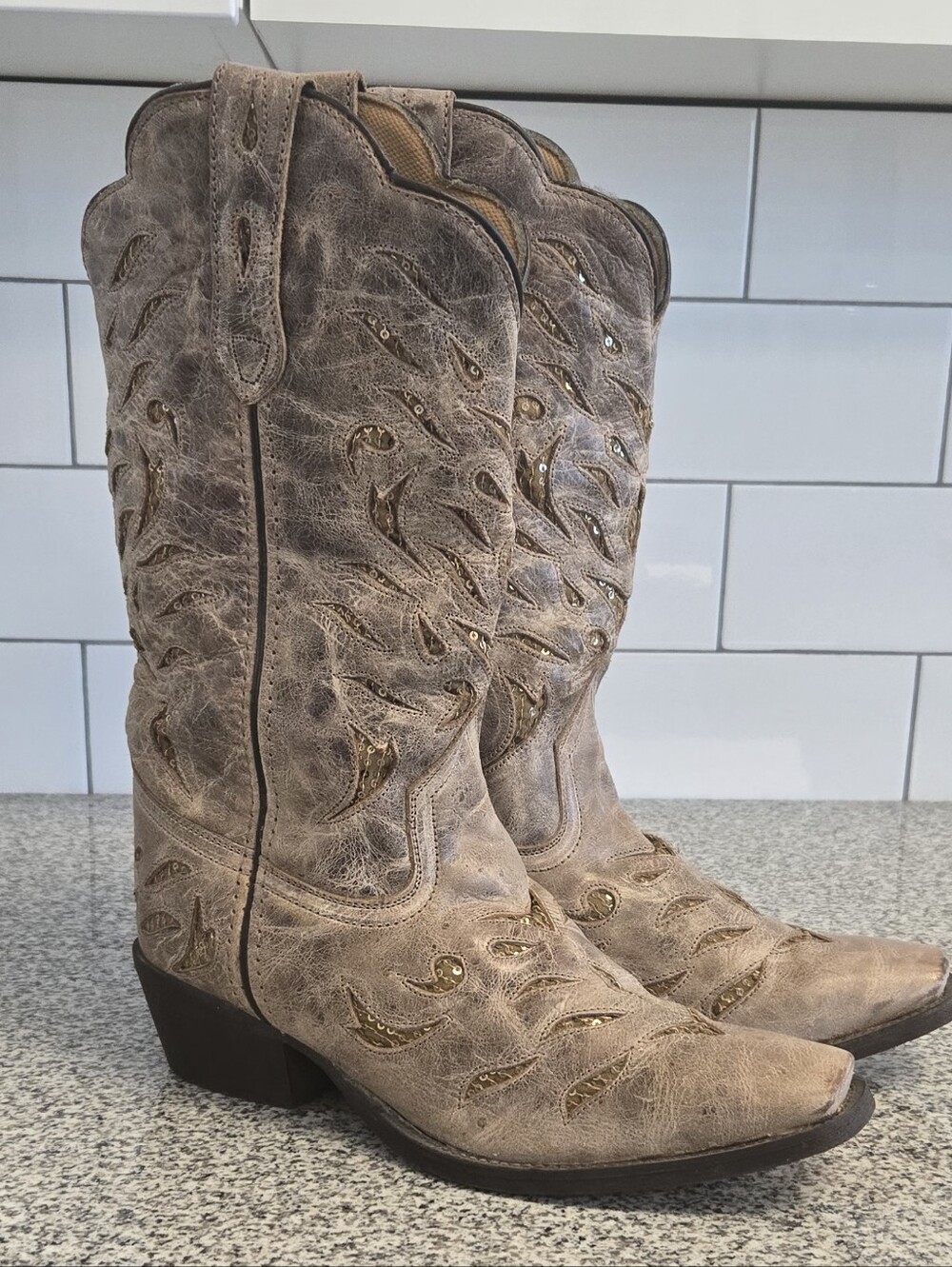 Laredo Taupe Embroidered Western Cowboy Boots